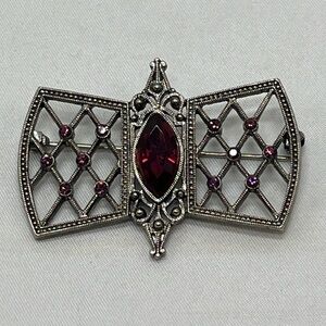 Vintage 1928 Jewelry Filigree Lattice Red And Purple Navette Rhinestone Brooch